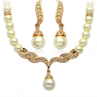 Seturi de bijuterii 2 piese pentru femei Un colier de culoare aurie + 1 pereche de cercei Nunta Mireasa Perla Decoratiune eleganta Pendientes Cadouri