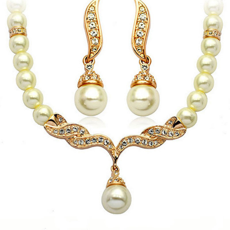 Seturi de bijuterii 2 piese pentru femei Un colier de culoare aurie + 1 pereche de cercei Nunta Mireasa Perla Decoratiune eleganta Pendientes Cadouri
