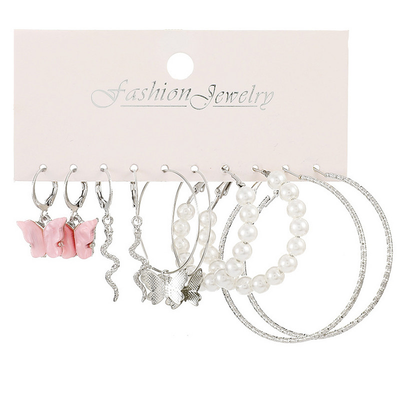 Set de cercei cu cerc cu fluture de culoare argintiu LATS, la modă, pentru femei, fete, geometric, neregulat, rășină, acrilic, cercei, bijuterii