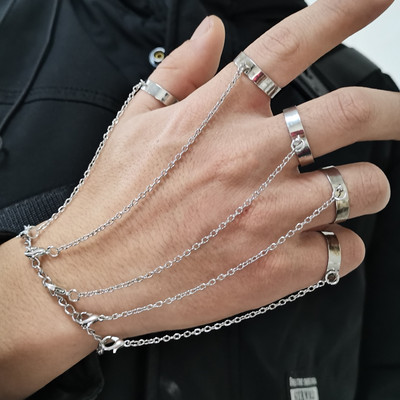 Brățară punk geometrică cu lanț de culoare argintiu pentru femei bărbați Set de farmec cu inele pentru cuplu Emo Bijuterii de modă Cadouri Pulsera Mujer