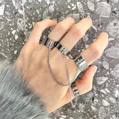 Brățară punk geometrică cu lanț de culoare argintiu pentru femei bărbați Set de farmec cu inele pentru cuplu Emo Bijuterii de modă Cadouri Pulsera Mujer