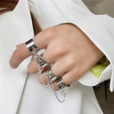 Brățară punk geometrică cu lanț de culoare argintiu pentru femei bărbați Set de farmec cu inele pentru cuplu Emo Bijuterii de modă Cadouri Pulsera Mujer