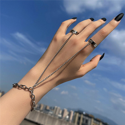 Brățară punk geometrică cu lanț de culoare argintiu pentru femei bărbați Set de farmec cu inele pentru cuplu Emo Bijuterii de modă Cadouri Pulsera Mujer