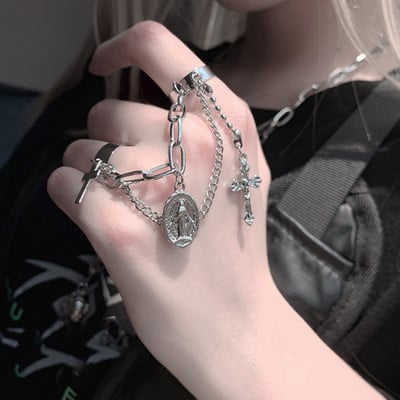 Brățară punk geometrică cu lanț de culoare argintiu pentru femei bărbați Set de farmec cu inele pentru cuplu Emo Bijuterii de modă Cadouri Pulsera Mujer