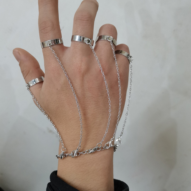Brățară punk geometrică cu lanț de culoare argintiu pentru femei bărbați Set de farmec cu inele pentru cuplu Emo Bijuterii de modă Cadouri Pulsera Mujer