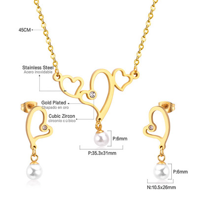 Koreai divat rozsdamentes acél fülbevaló medál nyaklánc szett gyöngy szett cirkónia ékszer készletek nőknek esküvői nagykereskedés