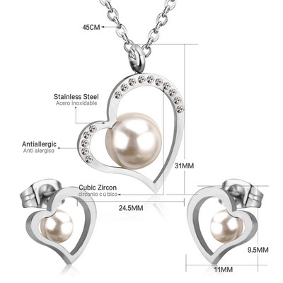 Koreai divat rozsdamentes acél fülbevaló medál nyaklánc szett gyöngy szett cirkónia ékszer készletek nőknek esküvői nagykereskedés