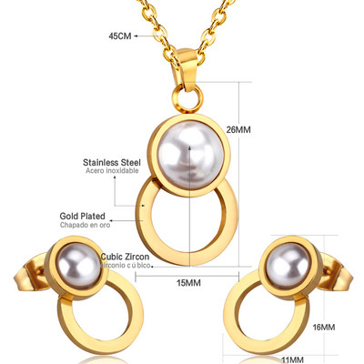 Koreai divat rozsdamentes acél fülbevaló medál nyaklánc szett gyöngy szett cirkónia ékszer készletek nőknek esküvői nagykereskedés