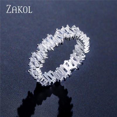 ZAKOL Fashion Luxury Multicolor Charm AAA Baguette Cubic cirkónia jegygyűrű nőknek T alakú Stone Party Ékszer FSRP252