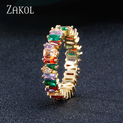 ZAKOL Fashion Luxury Multicolor Charm AAA Baguette Cubic cirkónia jegygyűrű nőknek T alakú Stone Party Ékszer FSRP252