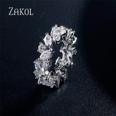ZAKOL Fashion Luxury Multicolor Charm AAA Baguette Cubic cirkónia jegygyűrű nőknek T alakú Stone Party Ékszer FSRP252