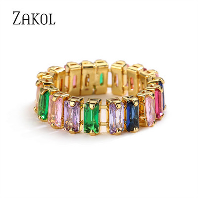 ZAKOL Fashion Luxury Multicolor Charm AAA Baguette Cubic cirkónia jegygyűrű nőknek T alakú Stone Party Ékszer FSRP252
