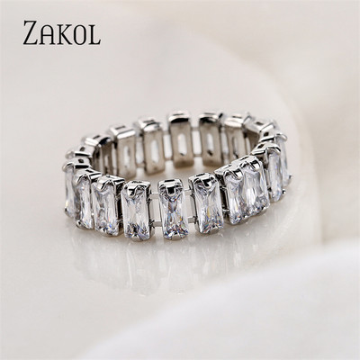 ZAKOL Fashion Luxury Multicolor Charm AAA Baguette Cubic cirkónia jegygyűrű nőknek T alakú Stone Party Ékszer FSRP252