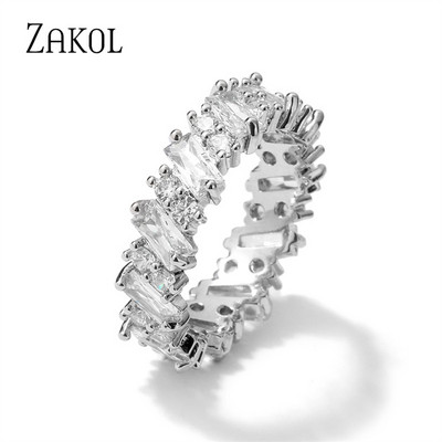 ZAKOL Fashion Luxury Multicolor Charm AAA Baguette Cubic cirkónia jegygyűrű nőknek T alakú Stone Party Ékszer FSRP252