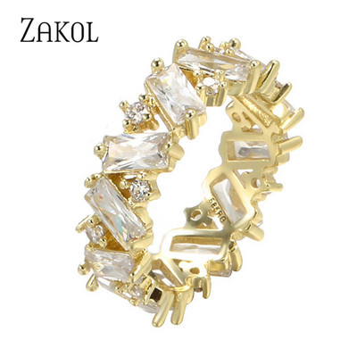 ZAKOL Fashion Luxury Multicolor Charm AAA Baguette Cubic cirkónia jegygyűrű nőknek T alakú Stone Party Ékszer FSRP252