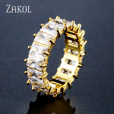 ZAKOL Fashion Luxury Multicolor Charm AAA Baguette Cubic cirkónia jegygyűrű nőknek T alakú Stone Party Ékszer FSRP252