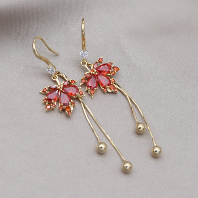 Κορέα Νέα κοσμήματα μόδας 14 καρατίων επιχρυσωμένα πορτοκαλί ζιργκόν κρεμαστά σκουλαρίκια με φύλλα σφενδάμου Κολιέ Κομψά αξεσουάρ για γυναικεία πάρτι