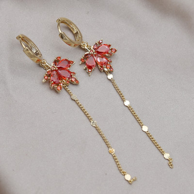 Κορέα Νέα κοσμήματα μόδας 14 καρατίων επιχρυσωμένα πορτοκαλί ζιργκόν κρεμαστά σκουλαρίκια με φύλλα σφενδάμου Κολιέ Κομψά αξεσουάρ για γυναικεία πάρτι