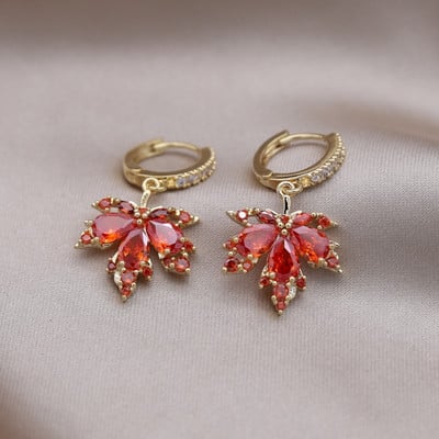 Κορέα Νέα κοσμήματα μόδας 14 καρατίων επιχρυσωμένα πορτοκαλί ζιργκόν κρεμαστά σκουλαρίκια με φύλλα σφενδάμου Κολιέ Κομψά αξεσουάρ για γυναικεία πάρτι