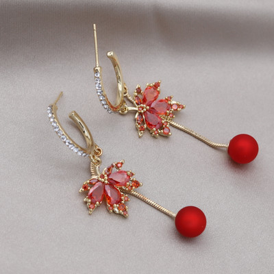 Κορέα Νέα κοσμήματα μόδας 14 καρατίων επιχρυσωμένα πορτοκαλί ζιργκόν κρεμαστά σκουλαρίκια με φύλλα σφενδάμου Κολιέ Κομψά αξεσουάρ για γυναικεία πάρτι