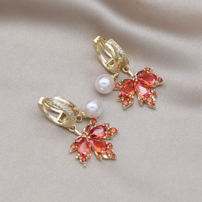 Κορέα Νέα κοσμήματα μόδας 14 καρατίων επιχρυσωμένα πορτοκαλί ζιργκόν κρεμαστά σκουλαρίκια με φύλλα σφενδάμου Κολιέ Κομψά αξεσουάρ για γυναικεία πάρτι