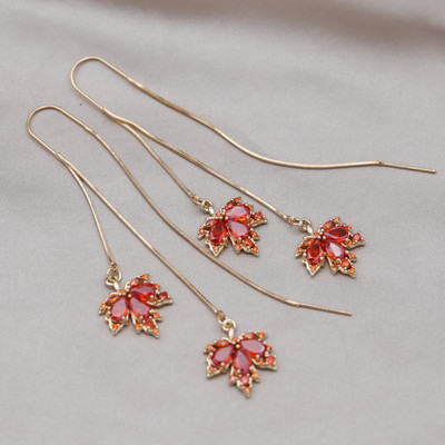 Κορέα Νέα κοσμήματα μόδας 14 καρατίων επιχρυσωμένα πορτοκαλί ζιργκόν κρεμαστά σκουλαρίκια με φύλλα σφενδάμου Κολιέ Κομψά αξεσουάρ για γυναικεία πάρτι