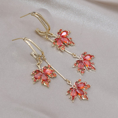 Κορέα Νέα κοσμήματα μόδας 14 καρατίων επιχρυσωμένα πορτοκαλί ζιργκόν κρεμαστά σκουλαρίκια με φύλλα σφενδάμου Κολιέ Κομψά αξεσουάρ για γυναικεία πάρτι