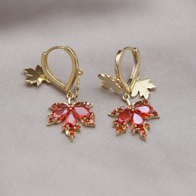 Κορέα Νέα κοσμήματα μόδας 14 καρατίων επιχρυσωμένα πορτοκαλί ζιργκόν κρεμαστά σκουλαρίκια με φύλλα σφενδάμου Κολιέ Κομψά αξεσουάρ για γυναικεία πάρτι