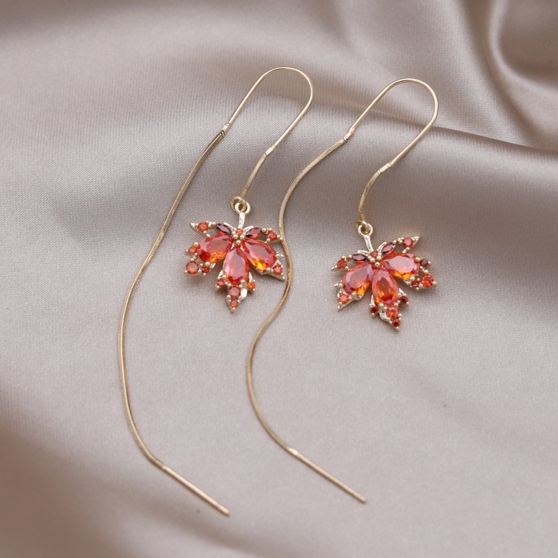 Κορέα Νέα κοσμήματα μόδας 14 καρατίων επιχρυσωμένα πορτοκαλί ζιργκόν κρεμαστά σκουλαρίκια με φύλλα σφενδάμου Κολιέ Κομψά αξεσουάρ για γυναικεία πάρτι