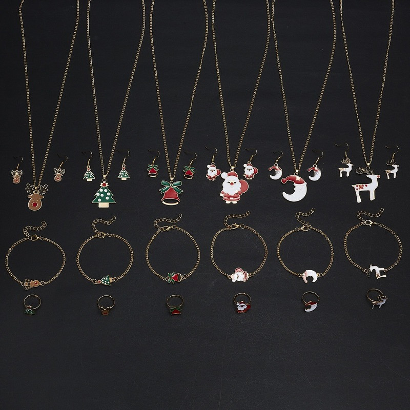 5 DB/Szett karácsonyi női ötvözet ékszer szett Mikulás Elk csengő fülbevaló nyaklánc karkötő dekor karácsonyi kiegészítők ajándék lányoknak női