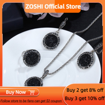Комплект бижута с ретро скъпоценни камъни ZOSHI Модни дамски комплекти бижута Антични кристални комплекти колиета с висулка от кръгъл камък 3 бр.