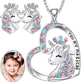 Fashion Girl You Are Magical Cute Lucky Unicorn Colier Cercei Stud Birthstone Cal Bijuterii Cadou pentru fete Prieteni Surori