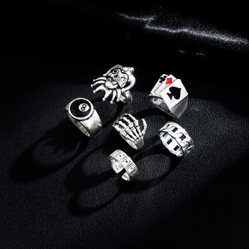 Sindlan 6Pcs Punk Poker Joker Ασημένιο Χρώμα Δαχτυλίδια για άνδρες Goth Skeleton Σετ μπιλιάρδου Ζευγάρι Emo Fashion Κοσμήματα Anillos Hombre