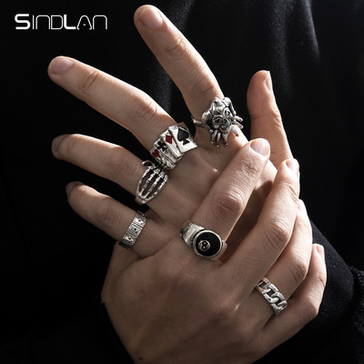 Sindlan 6Pcs Punk Poker Joker Ασημένιο Χρώμα Δαχτυλίδια για άνδρες Goth Skeleton Σετ μπιλιάρδου Ζευγάρι Emo Fashion Κοσμήματα Anillos Hombre