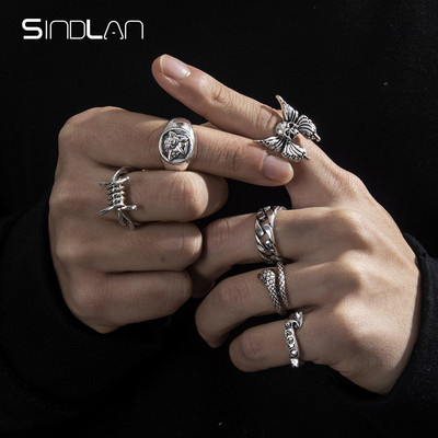 Sindlan 6 buc. Inele de culoare argintie Punk Poker Joker pentru bărbați Set de biliard cu schelet gotic cuplu Emo bijuterii de modă Anillos Hombre