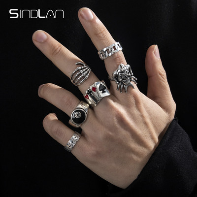 Sindlan 6 buc. Inele de culoare argintie Punk Poker Joker pentru bărbați Set de biliard cu schelet gotic cuplu Emo bijuterii de modă Anillos Hombre