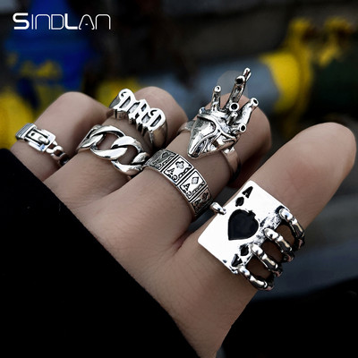 Sindlan 6 buc. Inele de culoare argintie Punk Poker Joker pentru bărbați Set de biliard cu schelet gotic cuplu Emo bijuterii de modă Anillos Hombre