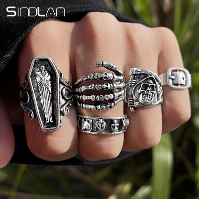Sindlan 6 buc. Inele de culoare argintie Punk Poker Joker pentru bărbați Set de biliard cu schelet gotic cuplu Emo bijuterii de modă Anillos Hombre