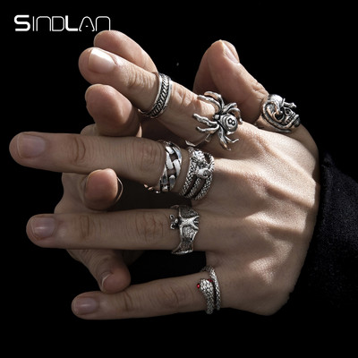 Sindlan 6 buc. Inele de culoare argintie Punk Poker Joker pentru bărbați Set de biliard cu schelet gotic cuplu Emo bijuterii de modă Anillos Hombre