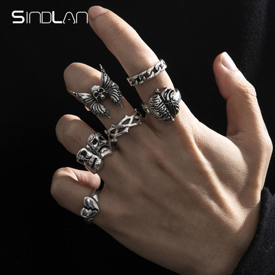 Sindlan 6 buc. Inele de culoare argintie Punk Poker Joker pentru bărbați Set de biliard cu schelet gotic cuplu Emo bijuterii de modă Anillos Hombre