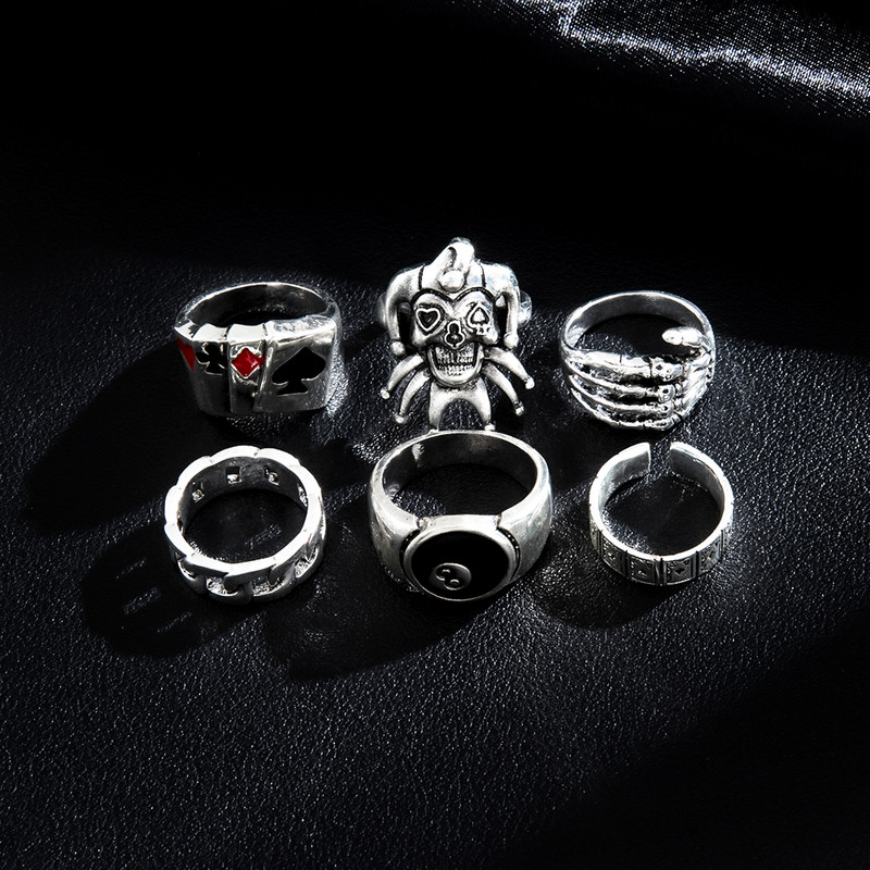 Sindlan 6 buc. Inele de culoare argintie Punk Poker Joker pentru bărbați Set de biliard cu schelet gotic cuplu Emo bijuterii de modă Anillos Hombre