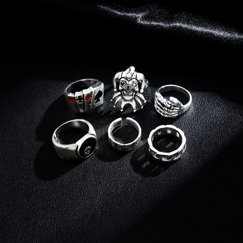 Sindlan 6 buc. Inele de culoare argintie Punk Poker Joker pentru bărbați Set de biliard cu schelet gotic cuplu Emo bijuterii de modă Anillos Hombre