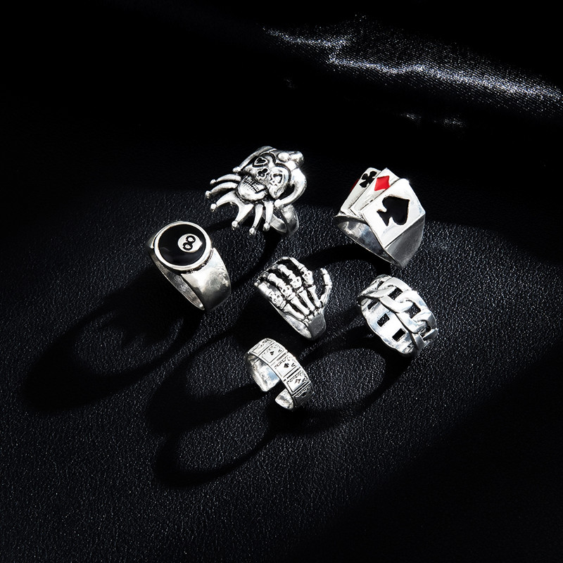 Sindlan 6 buc. Inele de culoare argintie Punk Poker Joker pentru bărbați Set de biliard cu schelet gotic cuplu Emo bijuterii de modă Anillos Hombre