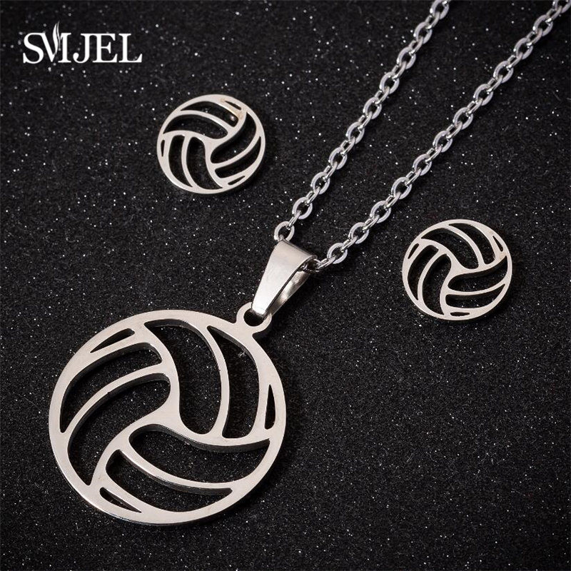 Rozsdamentes acél röplabda ékszerkészlet nőknek Minimalista üreges golyó alakú nyaklánc fülbevaló háromszög kiegészítők klub ajándékok