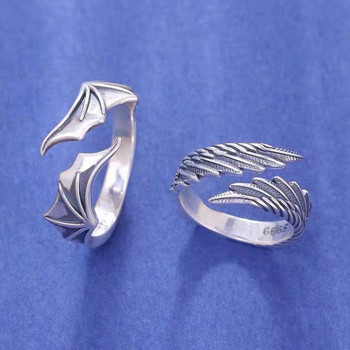 Ρετρό Angel Demon Wing Couples Rings Μόδα Ανδρικά Γυναικεία Κοσμήματα Vintage Αρχαίο Ασημί Χρώμα Punk Hip Hop Ρυθμιζόμενο