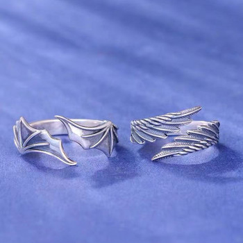 Ρετρό Angel Demon Wing Couples Rings Μόδα Ανδρικά Γυναικεία Κοσμήματα Vintage Αρχαίο Ασημί Χρώμα Punk Hip Hop Ρυθμιζόμενο