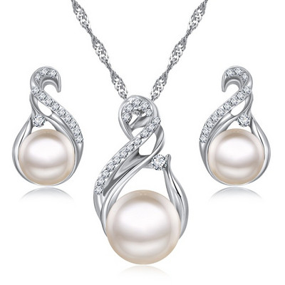 VKME Seturi de bijuterii la modă Cercei de nuntă de culoare argintie Set de bijuterii de perle simulate Set de colier pentru femei Bijoux collier brincos