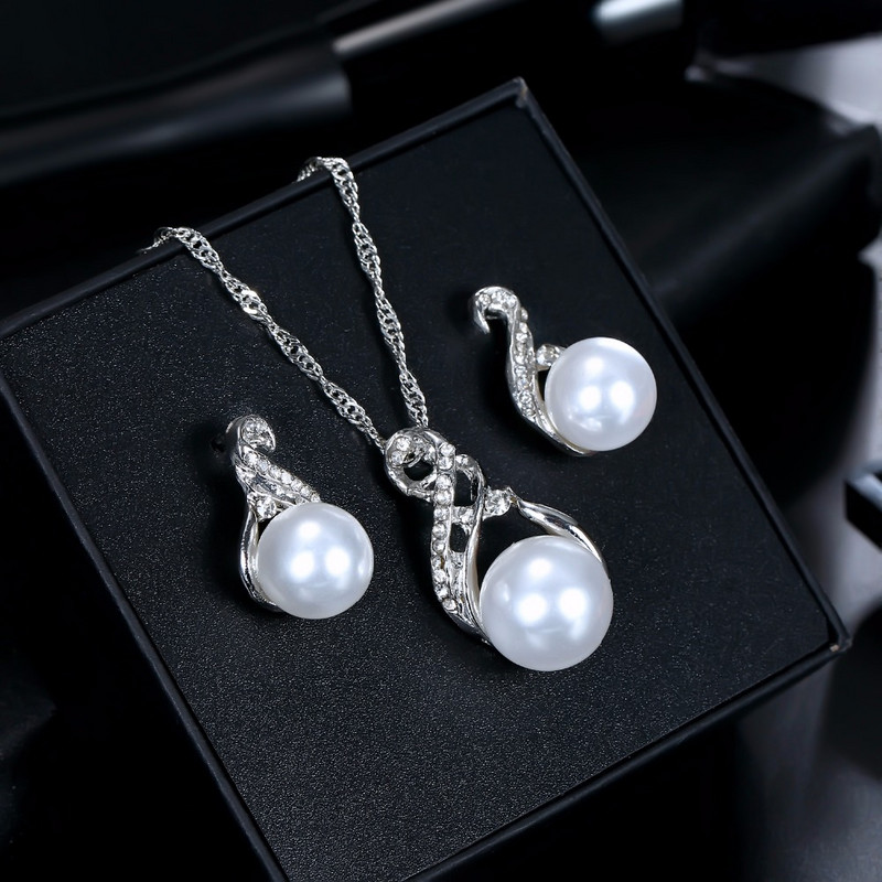 VKME Seturi de bijuterii la modă Cercei de nuntă de culoare argintie Set de bijuterii de perle simulate Set de colier pentru femei Bijoux collier brincos