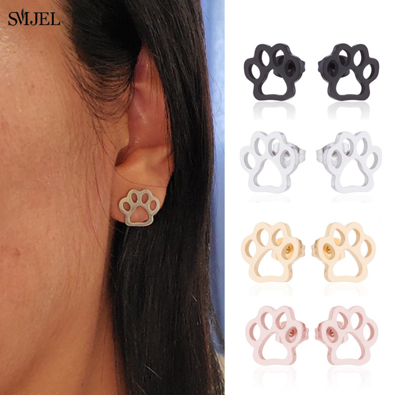 Rozsdamentes acél mancs nyaklánc fülbevaló nőknek Egyszerű üreges kutyamancs ékszerkészletek Aranyos macska medál nyaklánc 2021 születésnapi ajándék