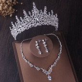 Seturi de bijuterii de mireasa cu picături de apă de cristal de culoare argintie de lux Tiare cu strasuri Coroana colier Cercei Nunta Set de bijuterii Dubai